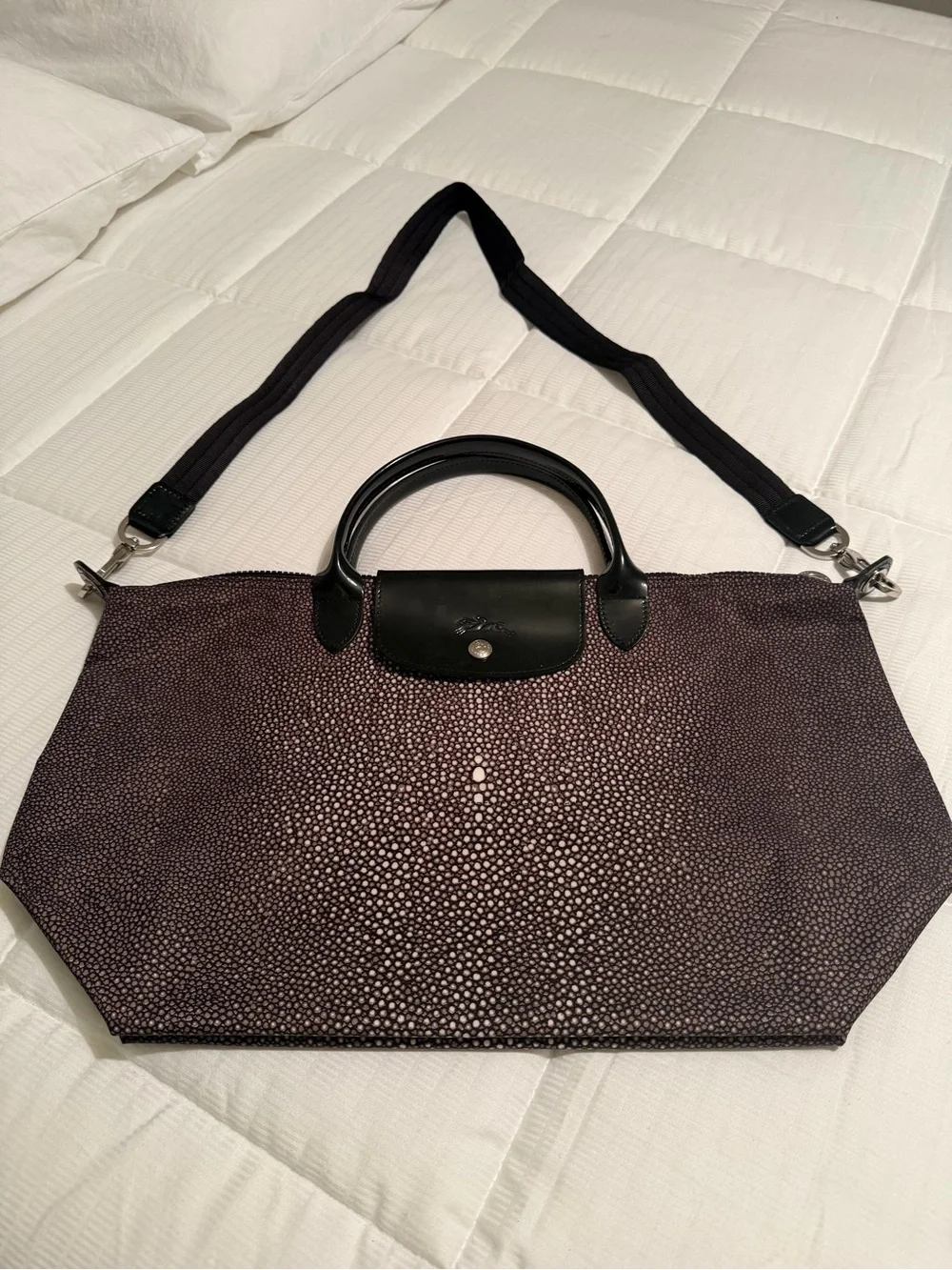 Longchamp Black & White Pebble Print Tote with Black Patent Leather Accents NWT